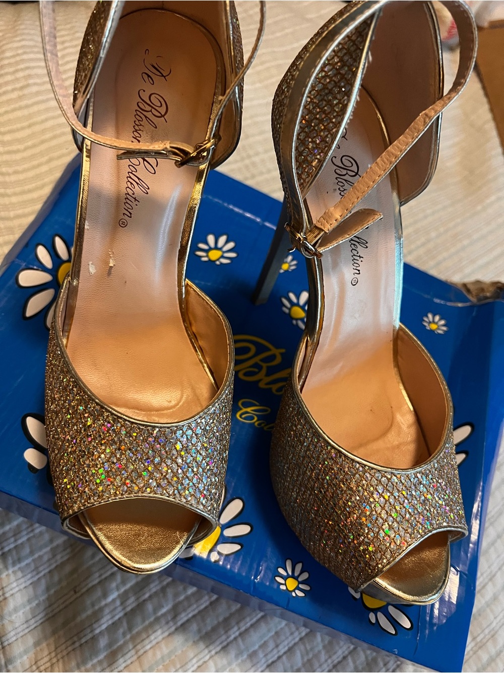 De Blossom Collection Gold Holographic Glitter Peep-Toe Ankle-Strap Heels